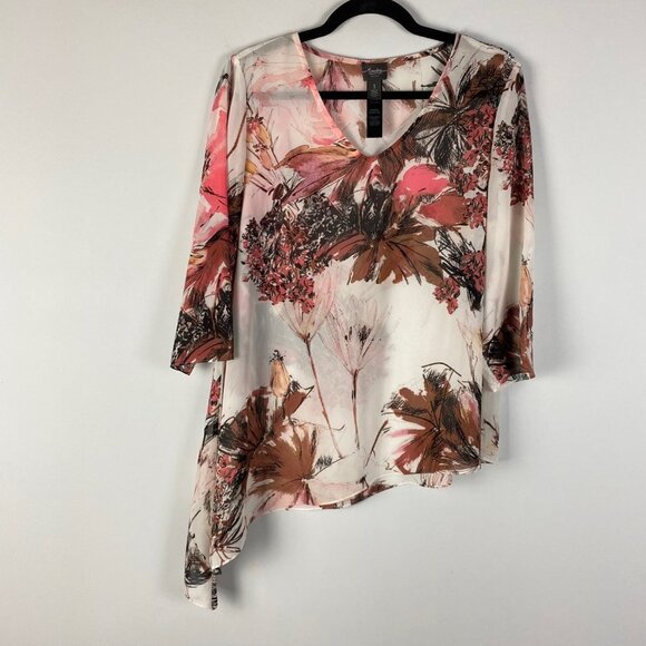 Chicos Travelers Asymmetric Blouse 1 US Medium Floral V Neck Lightweight Sheer - Picture 1 of 10